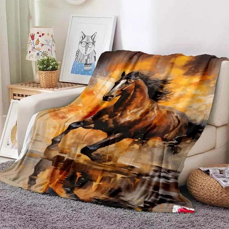3D Cartoon Horse Print Flannel Throw Blanket – Soft Warm Picnic Blanket, Retro Home & Travel Birthday Gift, Cozy Comfort