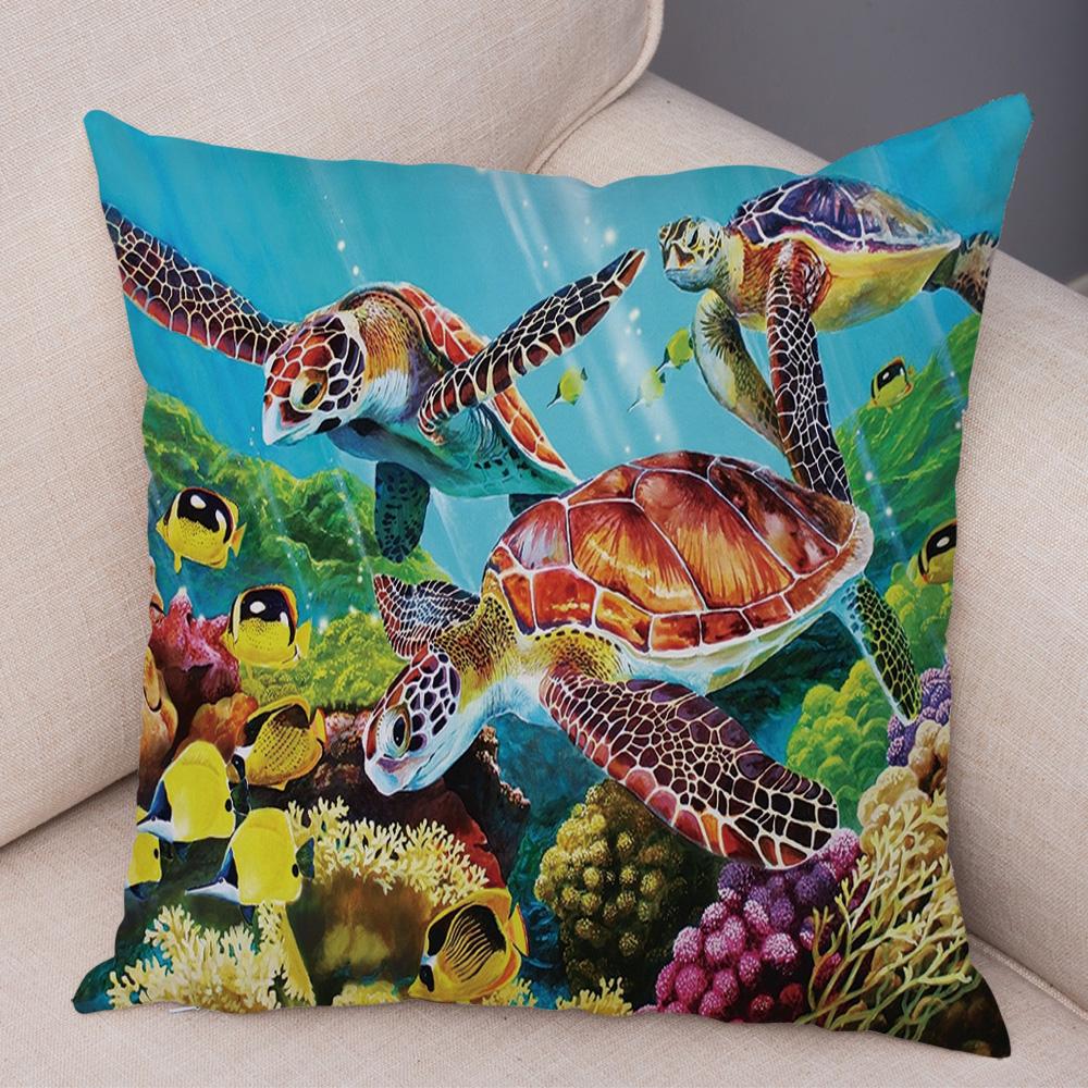 Marine Turtle Dolphins Shark Cushion Cover Short Plush Decor Colorful Ocean Animal Pillowcase Pillow Case for Sofa Home Car