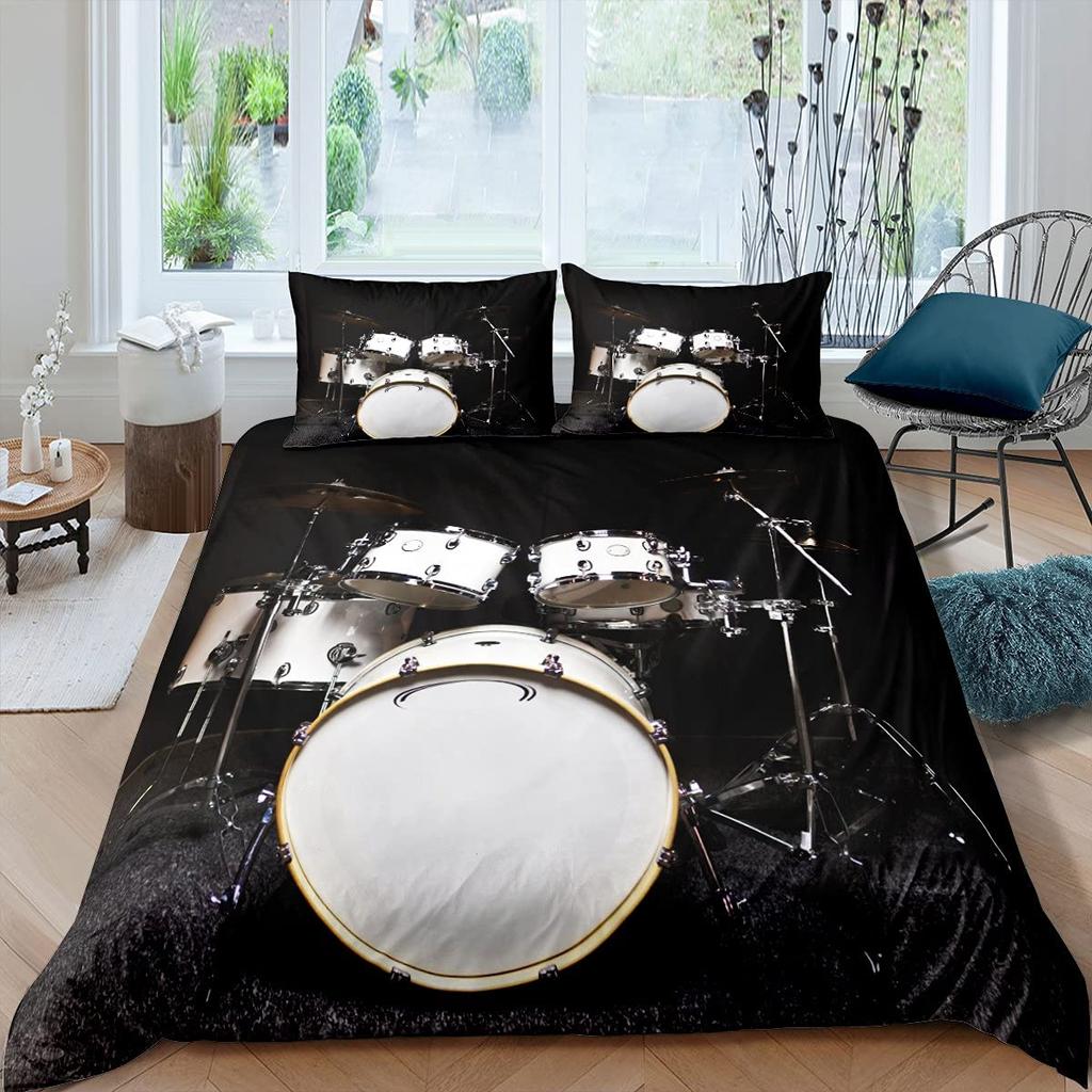 Drum Kit Duvet Cover Sets For Kids Boys Teens Queen Lightweight Quilt Covers Classical Music Bedding Set Room Decor No Comforter