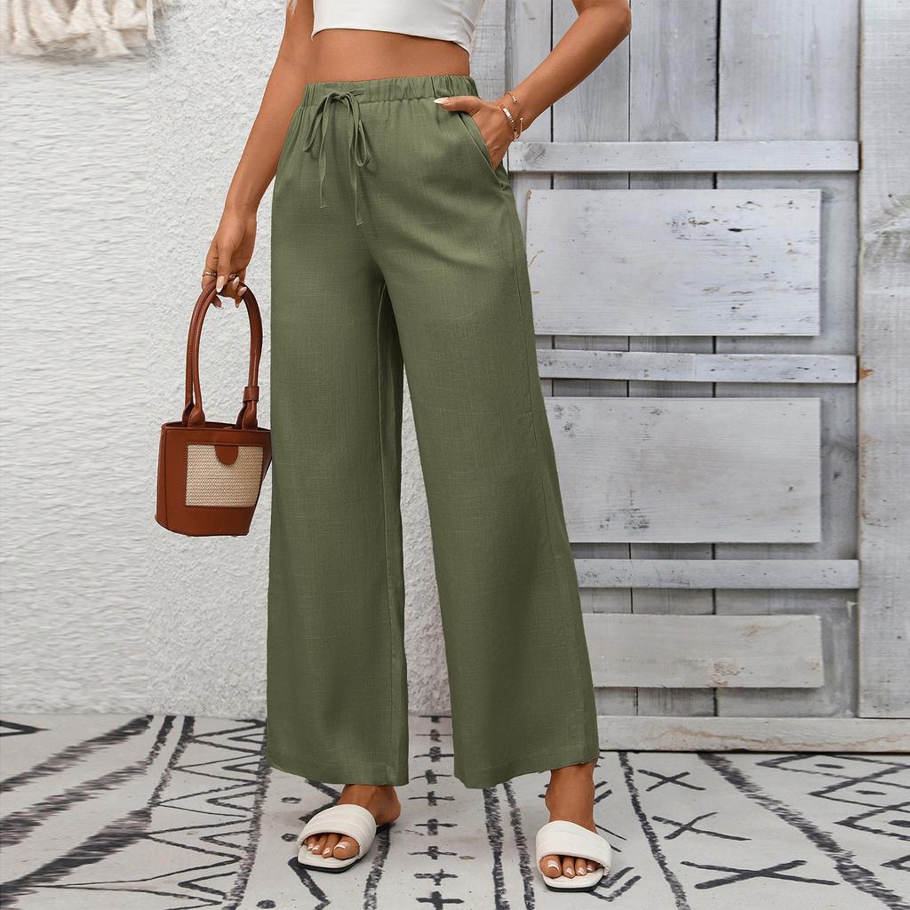 Women's Fashionable Color High Waist Casual Drawstring Pocket Loose Wide Leg Pants