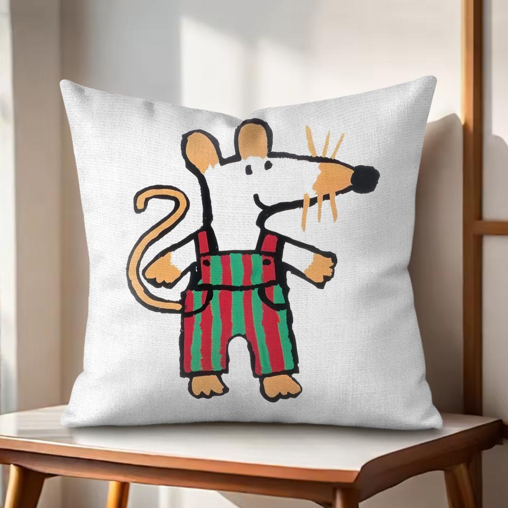Cute Bobo the Mouse Cushion Cover Natural Linen Organic Fabric DoubleSided Printing Couch Pillow Covers Home Decor