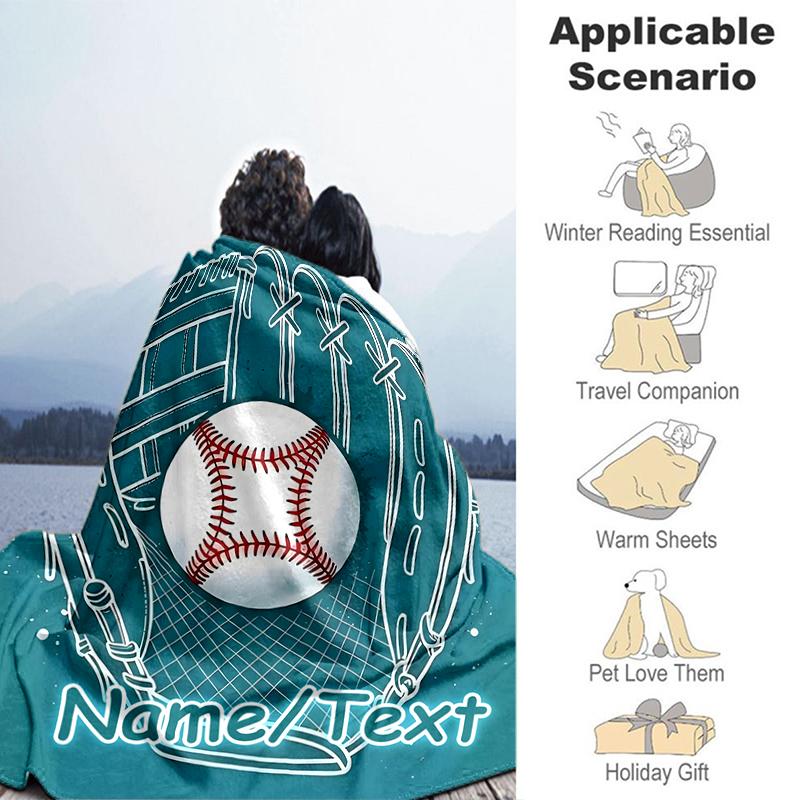 1PC Custom Name Baseball Glove Ball Outdooor Flannel Blankets Throw Blanket All-Season Throw Gift Bedspread for Couch, Bed, Camping Holiday Birthday G