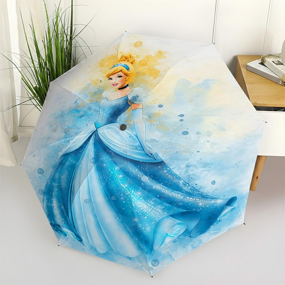 

Disney Cinderella Blue Sparkle Watercolor Art Automatic Tri-Fold Umbrella, Waterproof Anti-UV Windproof Compact Travel Umbrella (as the picture,Iron&8K)