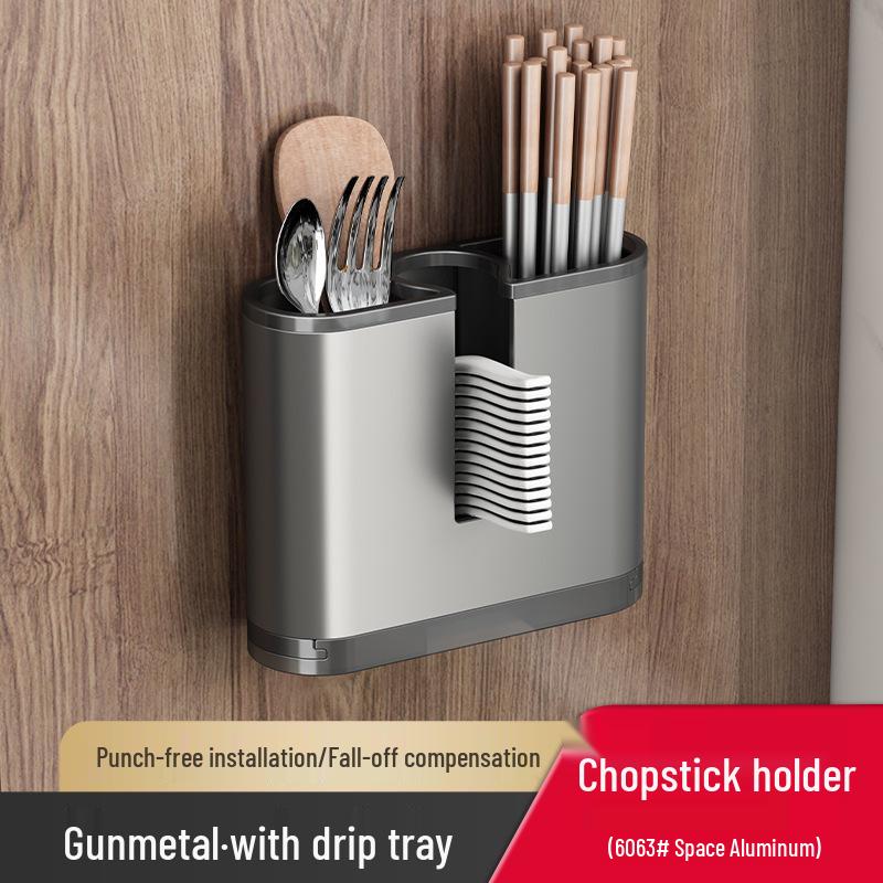 Wall-Mounted Kitchen Storage Rack, Punch-Free, Gun Gray, Knife Holder & Multi-Functional Seasoning Organizer.