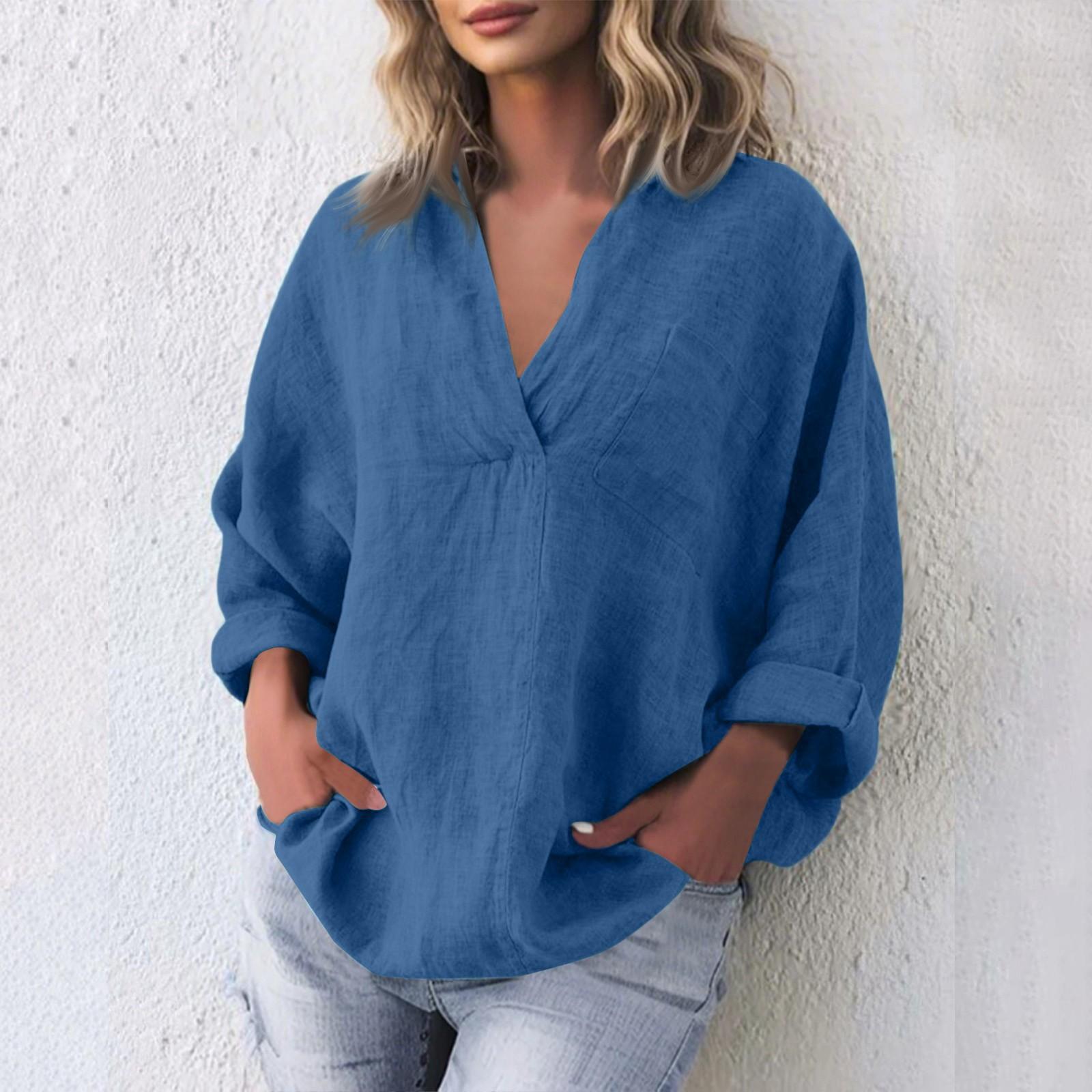 

Женская мода повседневный хлопковый льняной пуловер с V-образным вырезом и длинными рукавами XXXXXL синий