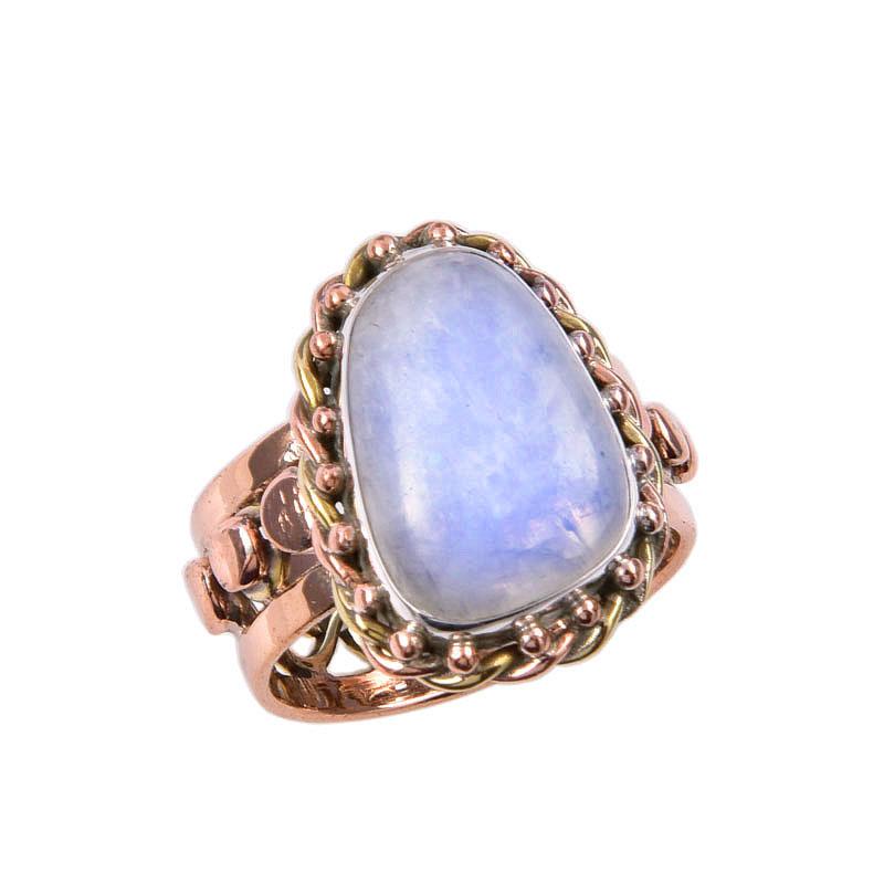 Natural Rainbow Moonstone Gemstone 925 Sterling Silver Two Tone Ring S.6.5 o1p33