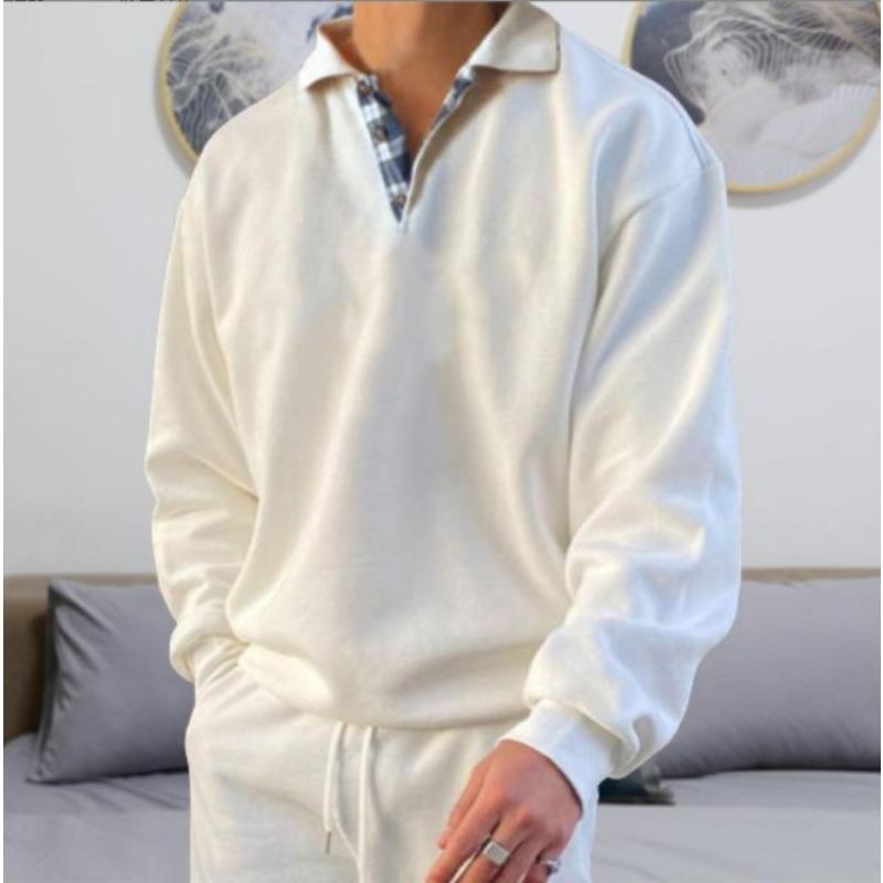 Contrast Plaid Inner Lapel Sweatshirt Men Solid Color Loose Long Sleeve Half Button Casual Polo Top