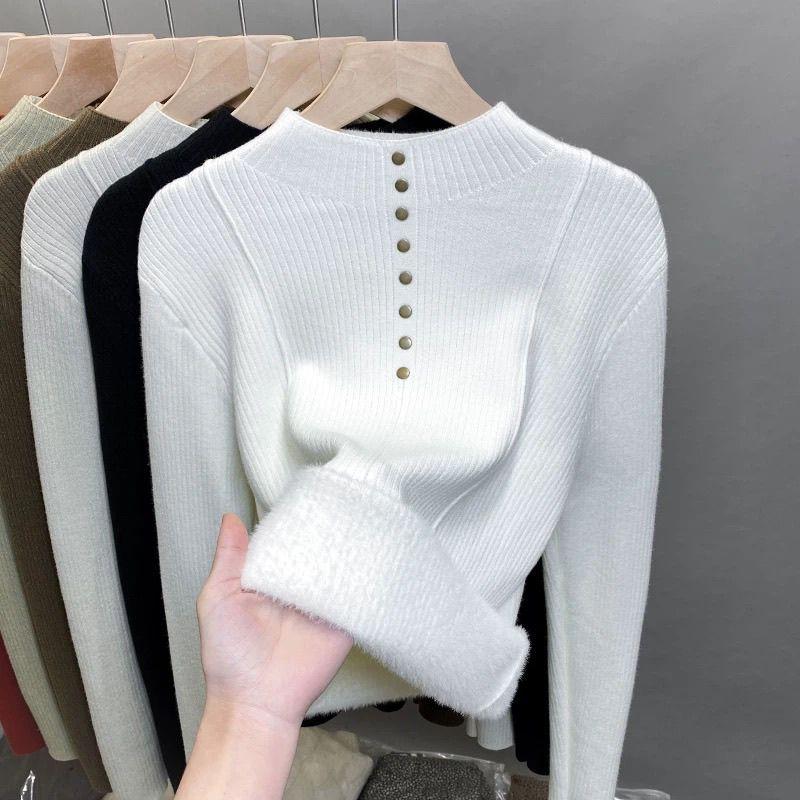 Half Turtleneck Sweater for Women Velvet Bottoming  Autumn Winter New Knitted Trendy Top