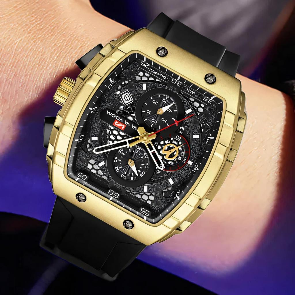 VA VA VOOM Men's Watches Barrel-Shaped Hollow Chronograph Quartz Watch Fashion Silicone Strap Waterproof Sports Luxury Wristwatch for Men