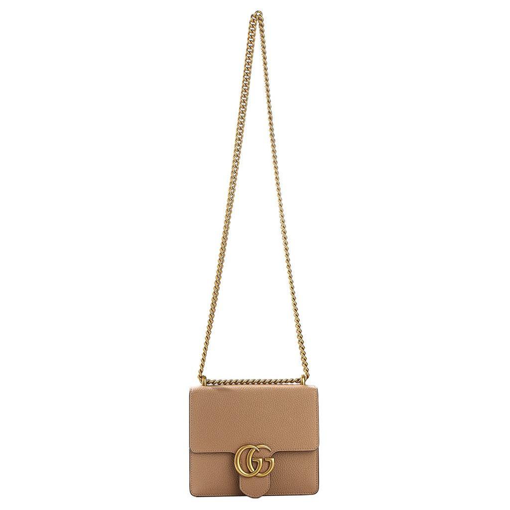 Gucci GG Marmont Beige Grained Leather Mini Flap Chain Crossbody Bag With Gold Hardware For Women Luxury Daily Use
