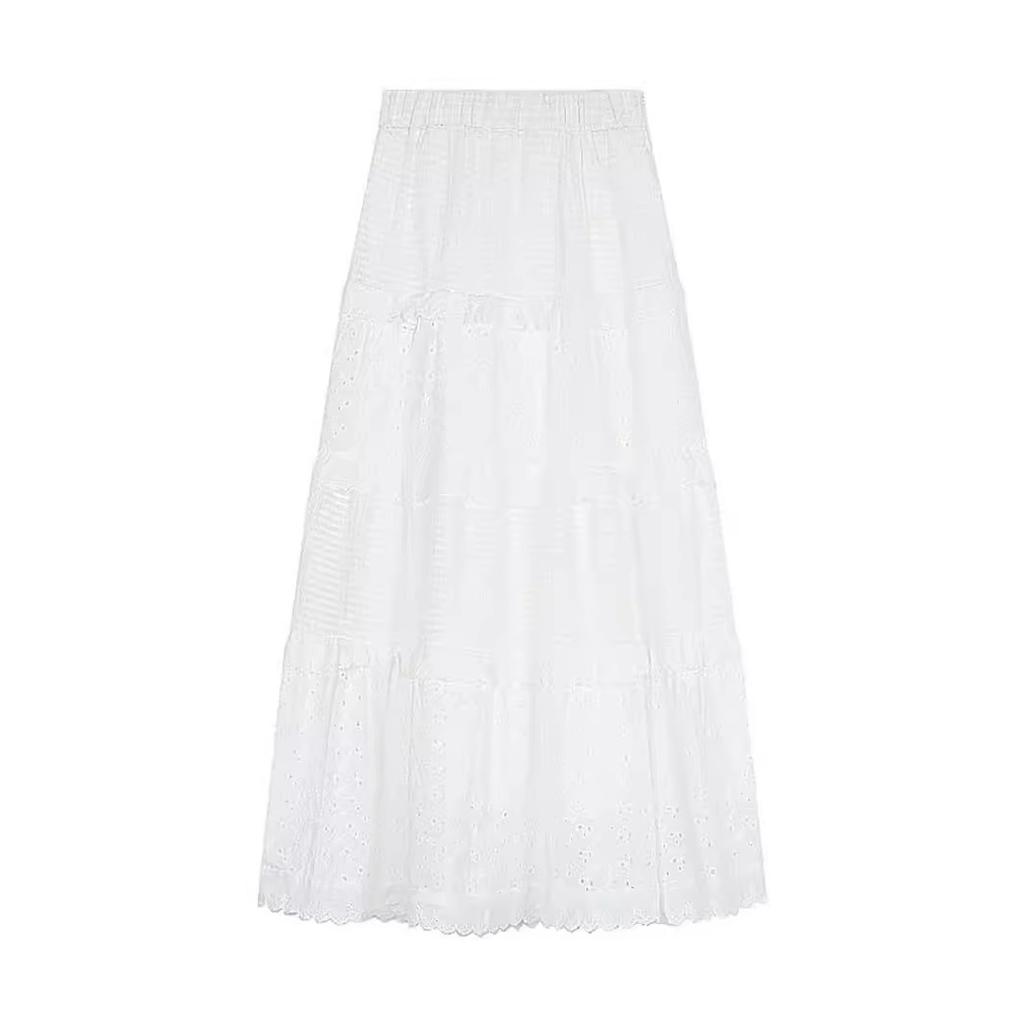 Women's Spring Soft Style Hollowed-Out Crochet Half Skirt High-Waisted A-Line Tiered Cake Skirt Long White Skirt