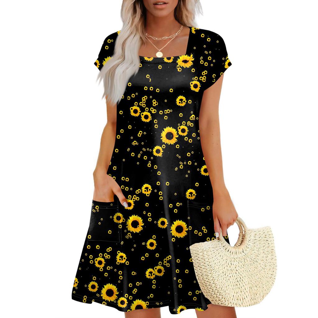 Summer Dresses For Women Loose Square Neck Cap Sleeve Casual Beach Vacation Tshirt Dress Sundresses With Pockets