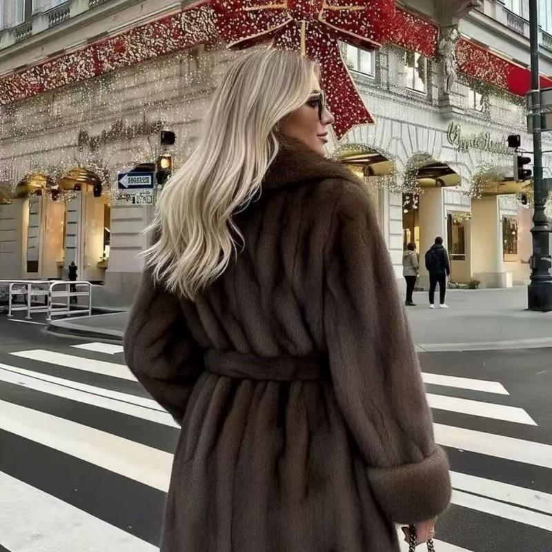 Womens Faux Fur Coat Large Lapel Mid-Length Winter Fashion Outerwear