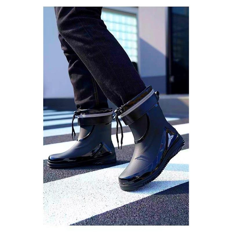 Men's Fashionable Outdoor Anti Slip Waterproof Thickened Drawstring Short Tube Rain Shoes Work Rubber Shoes