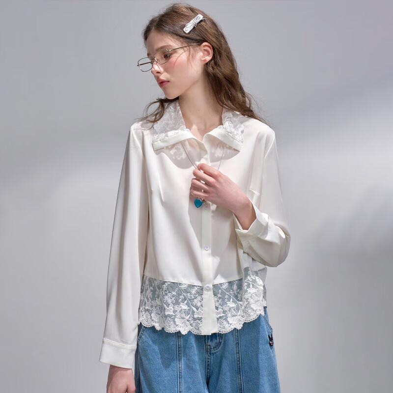 A02 French-Style Lace Trimmed Collared Blouse
