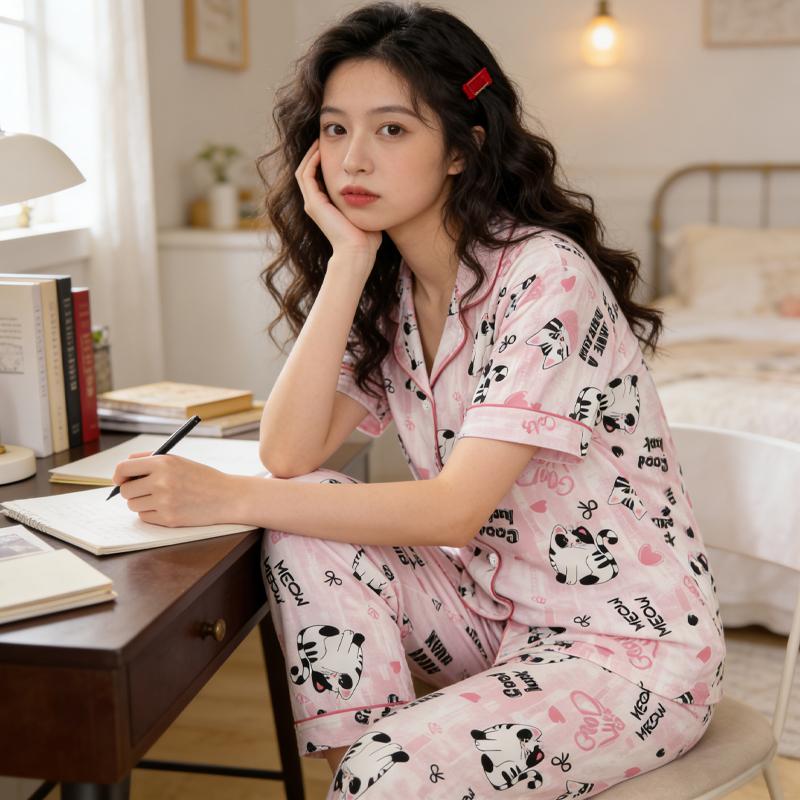 Women's Pajamas Set Cat Print Sleepwear Button Down Tops Long Pajama 2 Piece Suit Pyjama Femme Nightwear Loungewear for Summer