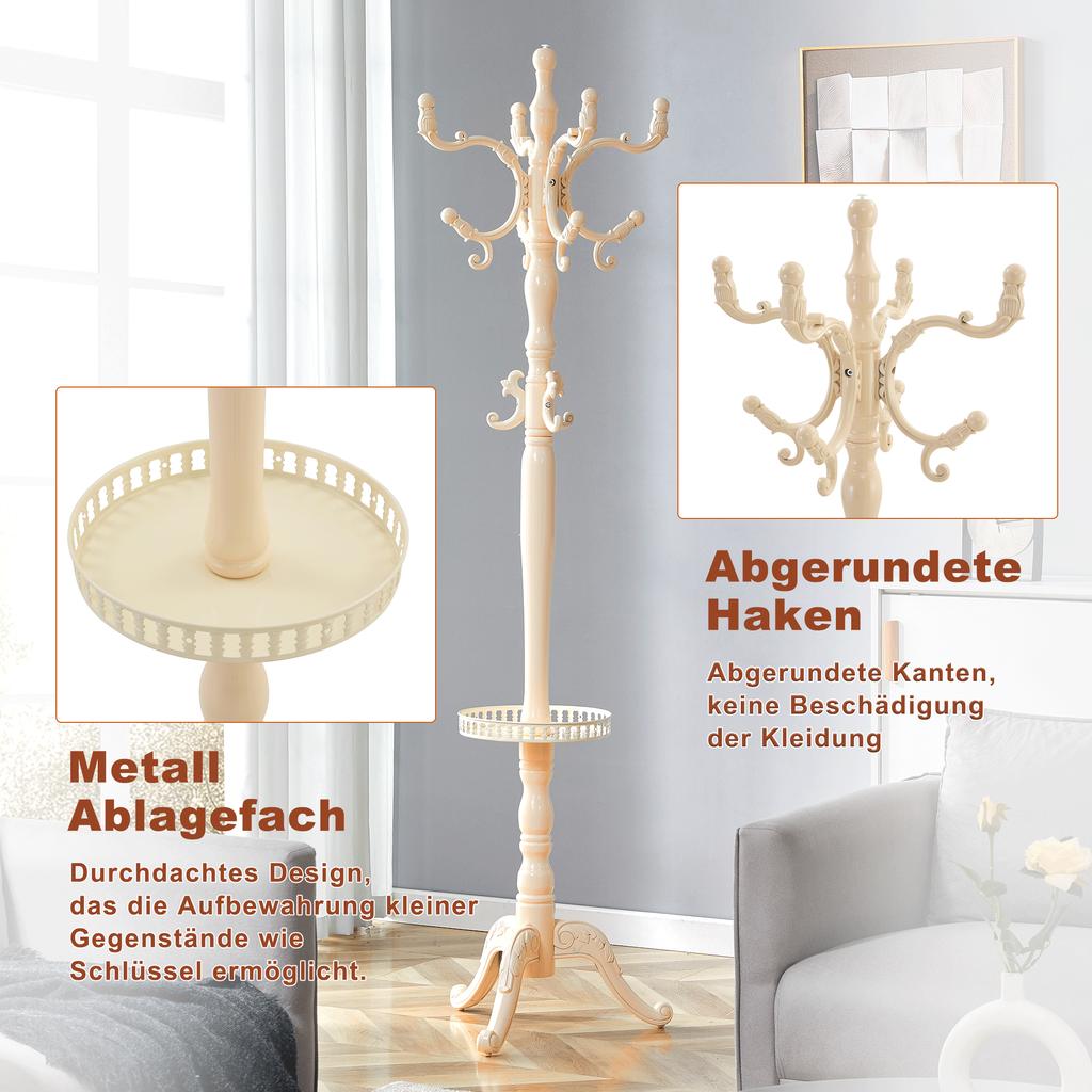 Give Your Home Elegance: Versatile European Coat Rack In Cream-White Solid Wood – Multi-Level, Sturdy, Easy To Assemble and with Non-Slip Feet.