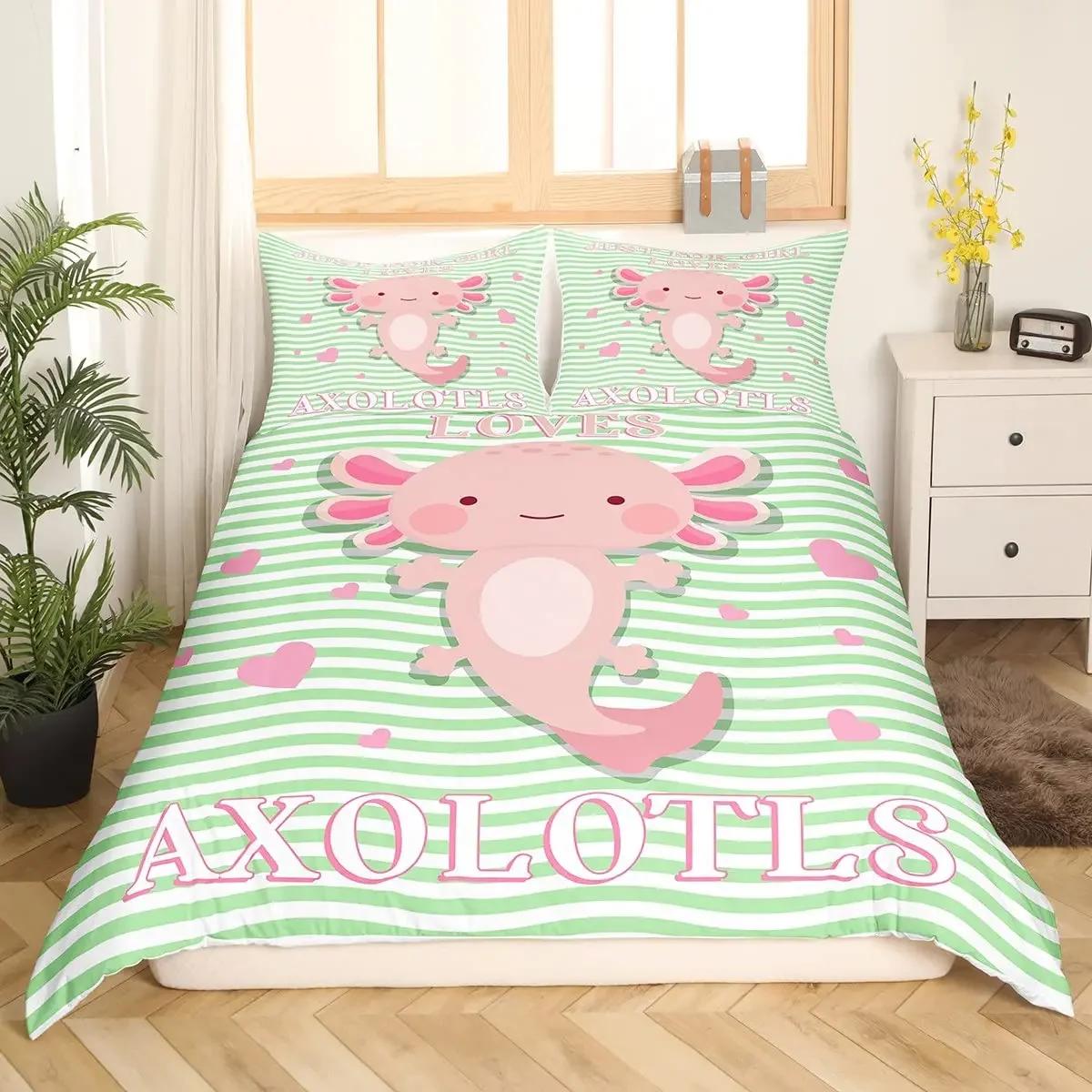 

Comforter Cartoon Pink Axolotl Floral King Queen Kawaii Salamander Bedding Set 3D Animal Polyester Comforter Comforter (quilt)-EU Single(135*200cm)3pcs