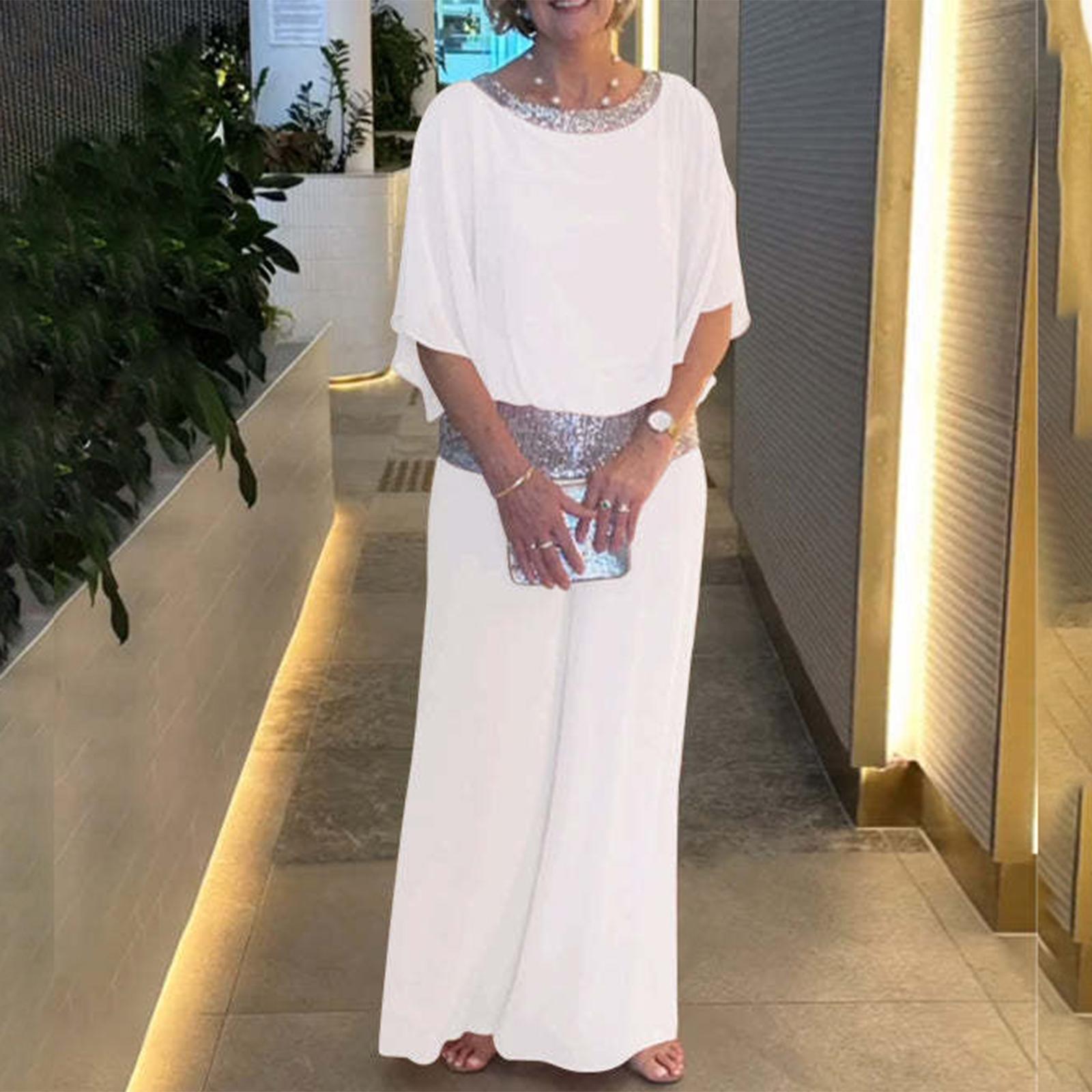 

Women s Fashion Color Round Neck Sequin Patchwork Short Sleeve Top Wide Leg Pants Set XXXL білий