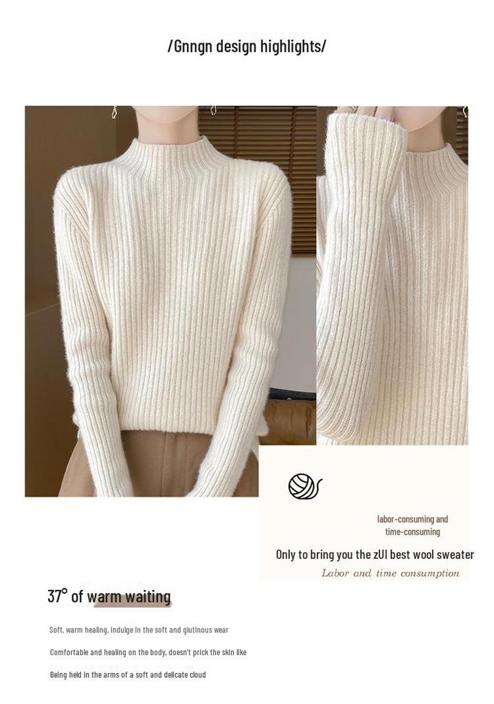 Women's Cashmere Striped Slimming Knit Sweater - Half-High Neck Autumn/Winter Base Layer
