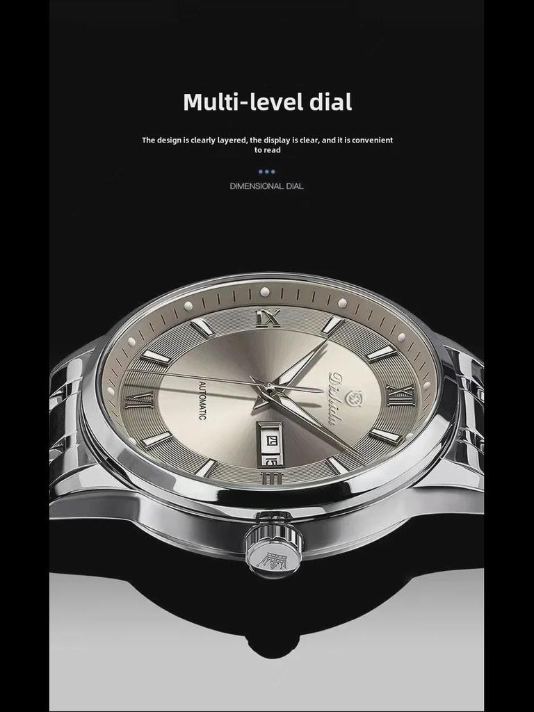 Lysende vanntett mekanisk klokke for menn med kalender