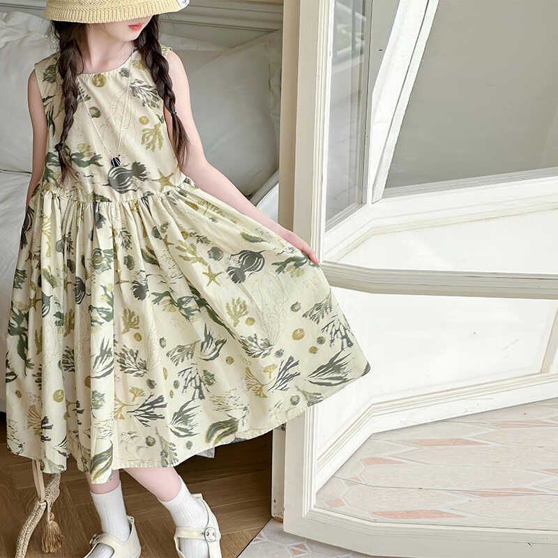 Girls Summer Floral Sleeveless Dress Cute Pastoral Children Skirt Fashionable Big Kids Tank Dress 120cm
