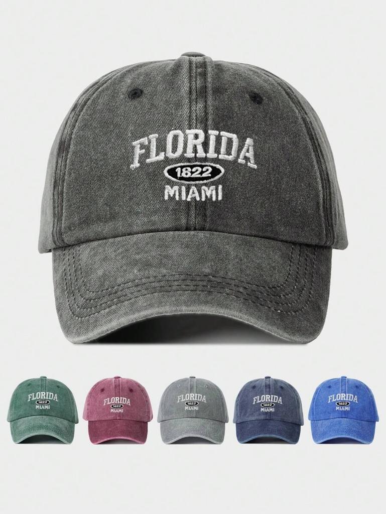 Washed Denim Baseball Cap With Florida 1822 Miami Embroidery Adjustable Outdoor Sun Hat