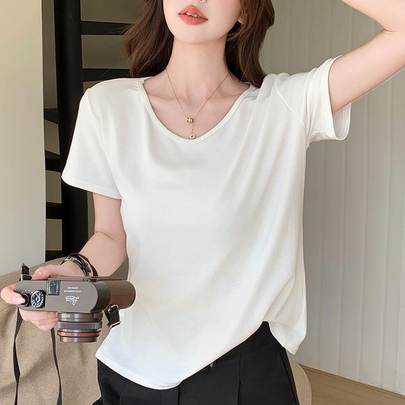 Women's V-Neck Casual Summer T-Shirt: Slimming, Versatile, Trendy, Short Sleeve, Solid Color
