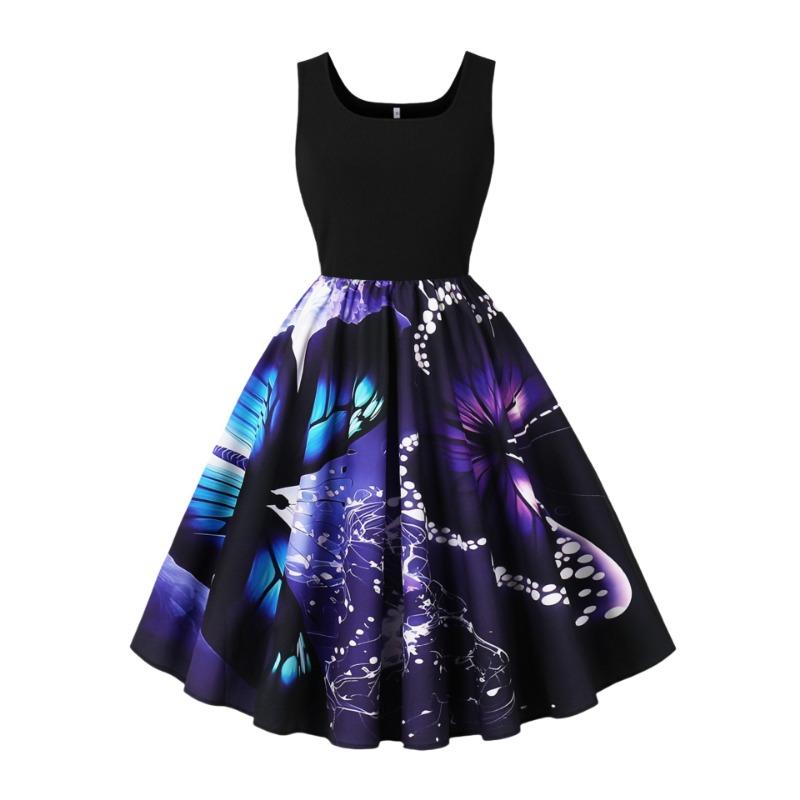 Summer new retro vest collar sleeveless black spelling print pendulum dress