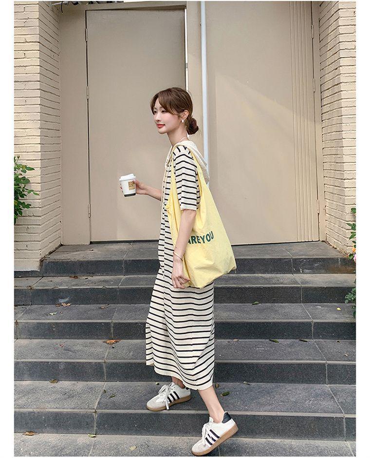 Korean Casual Striped Knit Hoodie Dress for Women, Summer College Style