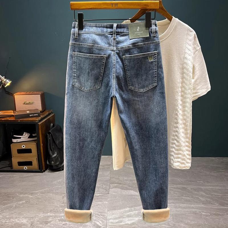 Jeans pour hommes haut de gamme Épaissis Nouveaux Slim Fit Pantalons Skinny Brodés Automne et Hiver Épaississant Décontracté Harem Pantalon pour hommes