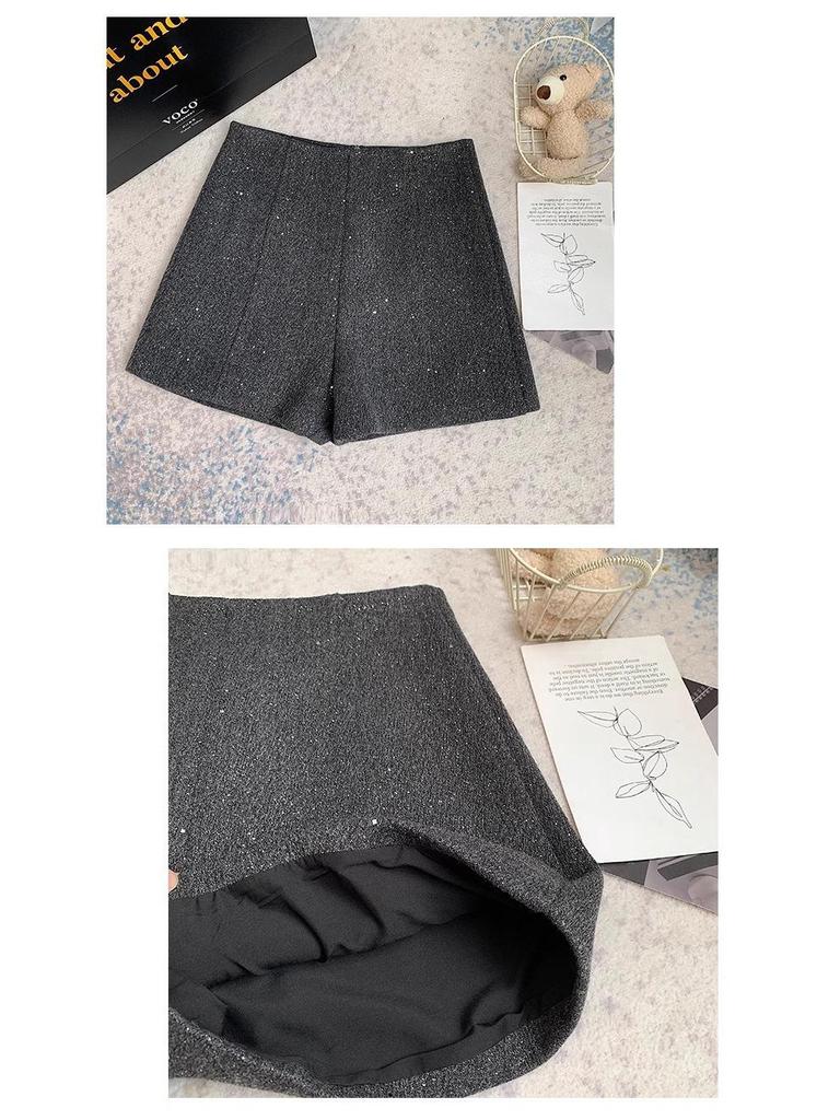 Black Woolen High Waist Women's Booty Shorts - Autumn Winter 2024 Korean Style Slim Fit Straight-Leg Shorts