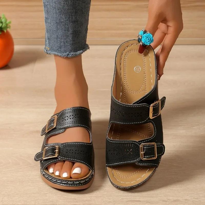 2025 Letnie Modne Damskie Klapki Koturnowe Premium Ortopedyczne Buty Z Otwartymi Palcami dla Kobiet Antypoślizgowa Platforma Retro Klapki Damskie
