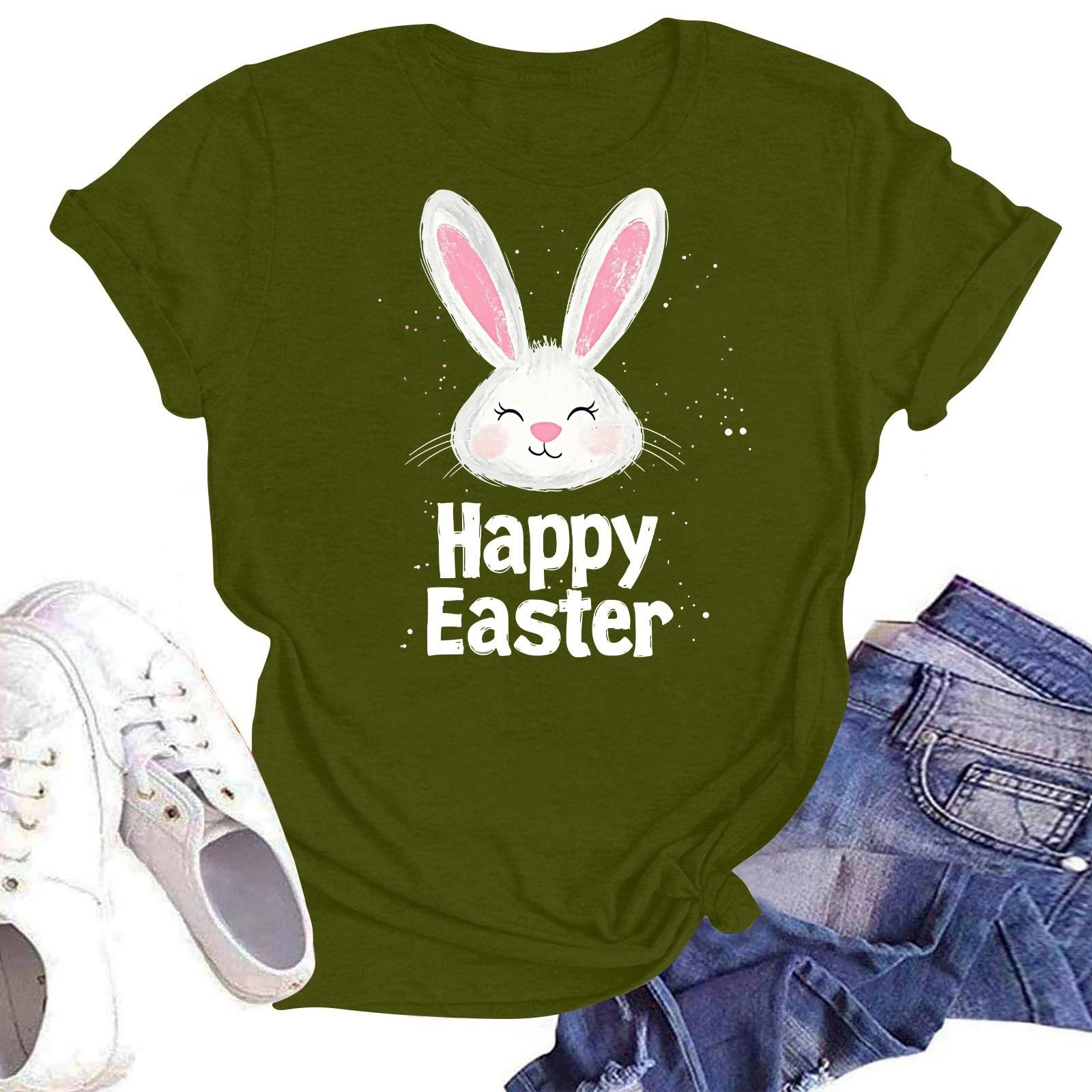 

Счастливой Пасхи женская мода принтованный круглый вырез короткий рукав футболка пуловер топ L армия зеленый