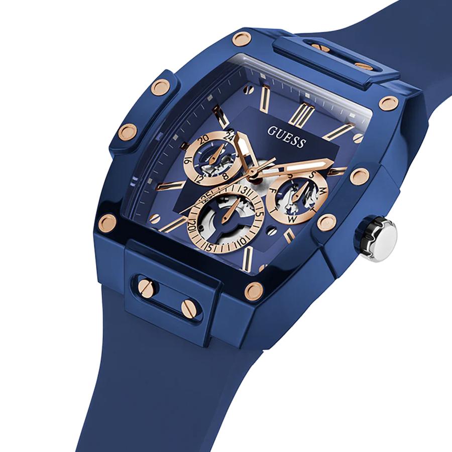 Męski wielofunkcyjny zegarek kwarcowy, z niebieską tarczą i chowanym paskiem. Zegarek w stylu casual. Model: GW0203G7.