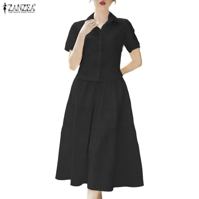 ZANZEA Women Short Sleeve Crochet Blouse and Skirts Casual Two Piece Suit Sets