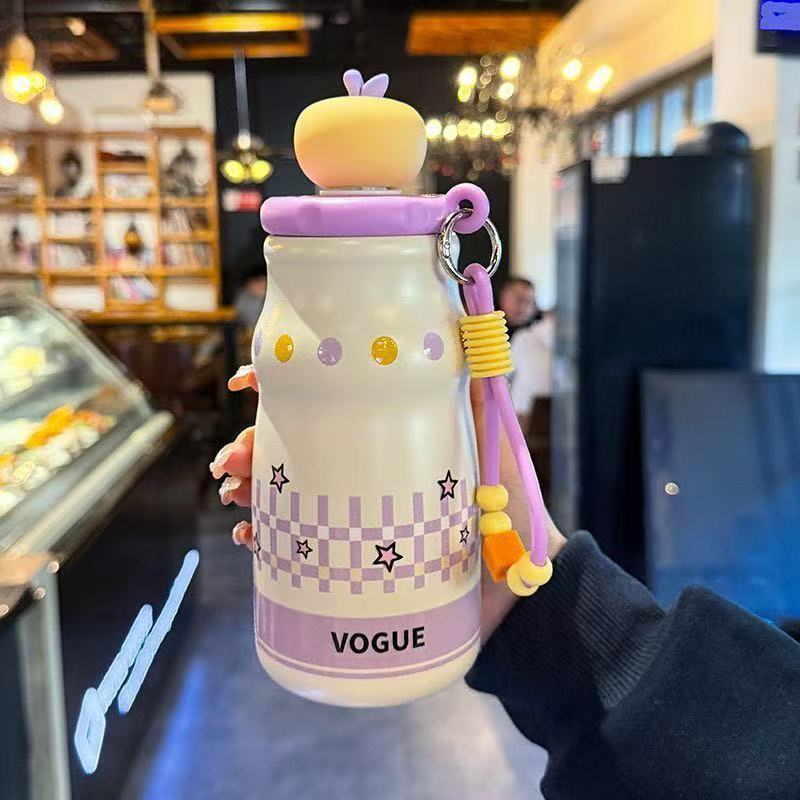 High-value apple cover straw thermos cup, cute cartoon portable water cup with beaded lifting rope, optional, support mixed batch