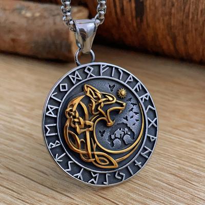 Nordik Viking Kurt Başı Rün Titanyum Çelik Kolye Erkek Uzun Moda Paslanmaz Çelik Kolye