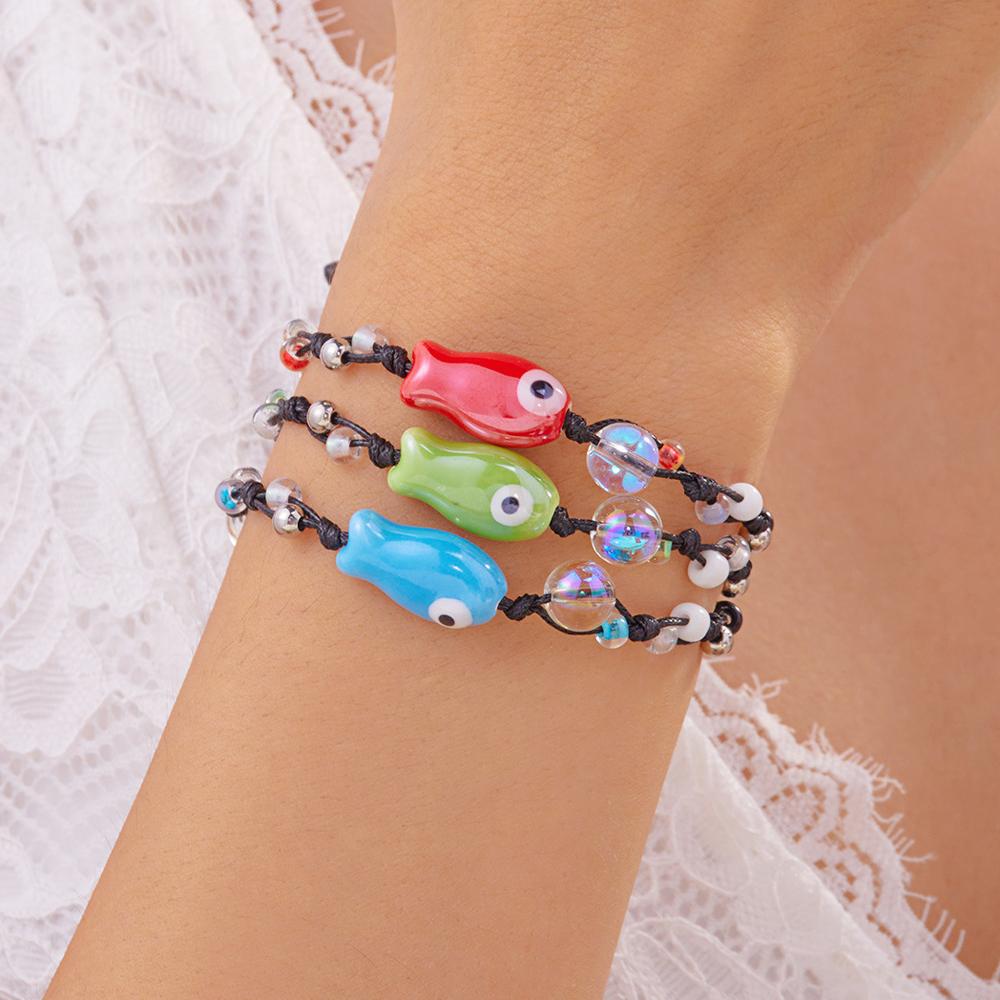 Colorful Ceramic Fish Beaded Bracelet For Women Unisex Handmade Braided Beads Bangle Bohemian Party Friendship Aesthetic Jewelry