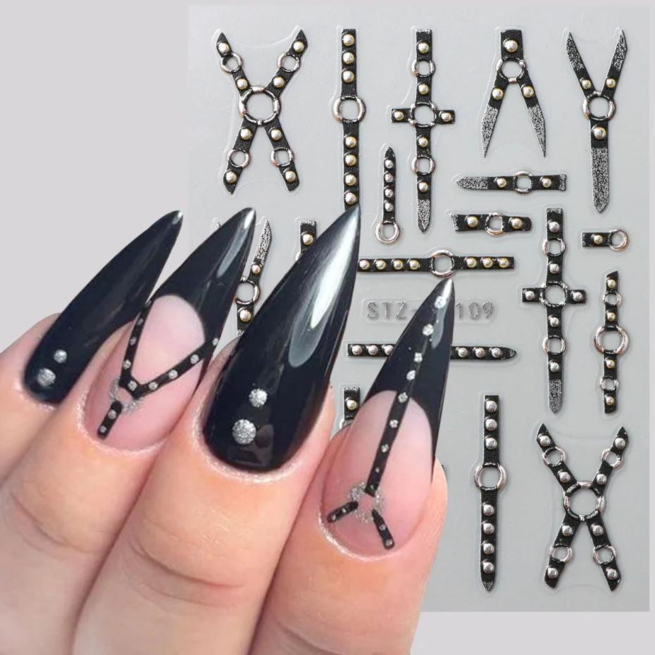 5D Goth Punk Nálepky na nehty Vypouklé proužky Třpytivé Decals na nehty Černý obvaz Samolepicí posuvníky Halloweenské dekorace
