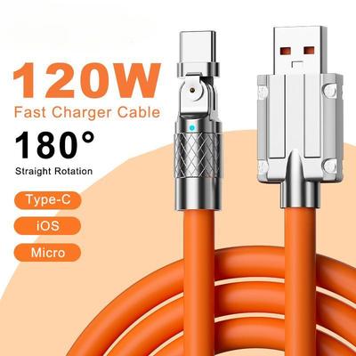 The 180 ° USB-cable Type C for Fast Charging 120 W 6 A Liquid Silicone Cable Wire for Xiaomi Huawei Samsung USB Bold, Data Transfer Line AVE