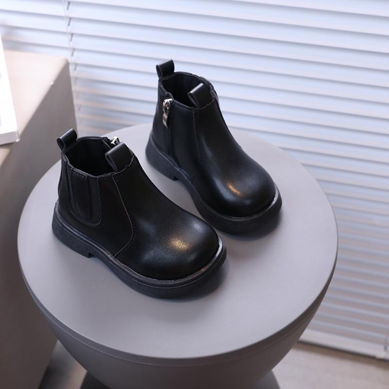 Children's Boots Non-Slip Kids Leather Boots Side Zipper Design Short Boots Comfortable Solid Color Kids Shoes