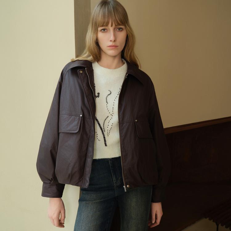 ELLE Design Francês Gola Lisa Cor Sólida Minimalista Básico Solto Confortável Jaqueta de Penas Feminina Roupa Exterior Marrom Escuro L7AYM005