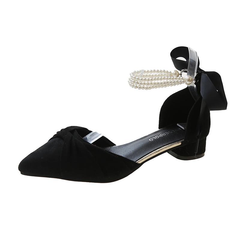 Baotou sandals women's medium heel 2025 summer new French pearl bow thick heel pointed head evening high heel single shoes