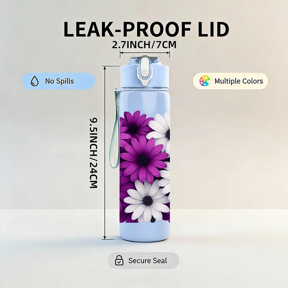 1PC Purple White Daisy Flower Bouquet 750ml Color Plastic Sports Water Bottle Leakproof Flip Straw Lid Suitable for Sports Office Home Use