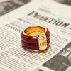 European American Black Gold Enamel Wide Band Ring with Ridge Pattern - Retro Style 699