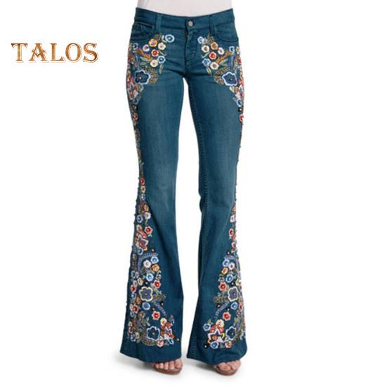 

Женские джинсы с цветочной вышивкой, расклешенные, с застежкой-молнией на пуговицы, с карманами, средней талией, большие размеры, длинные брюки для свиданий, повседневной носки, поездок на работу XXXXL темно-синий