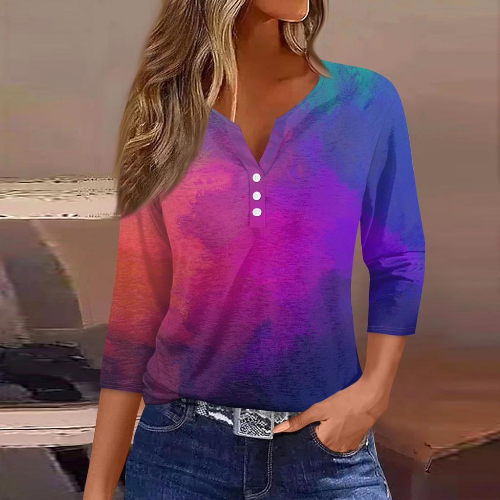 Damen T-Shirt mit Aufdruck, Knopfleiste, 3/4-Ärmel, modisch für den Alltag und das Wochenende, Basic, V-Ausschnitt, normales Oberteil