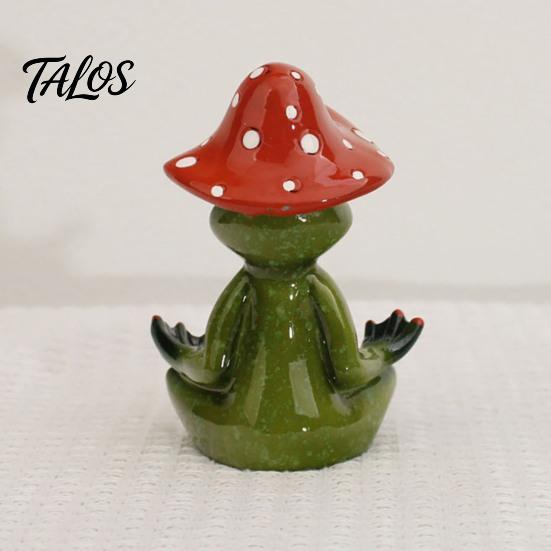 Small Tabletop Accents Yoga Mushroom Frog Figurine, Creative Resin Statue, Cute Sitting Decor Green Ornament for Home Office Shelf Decoration Desktop