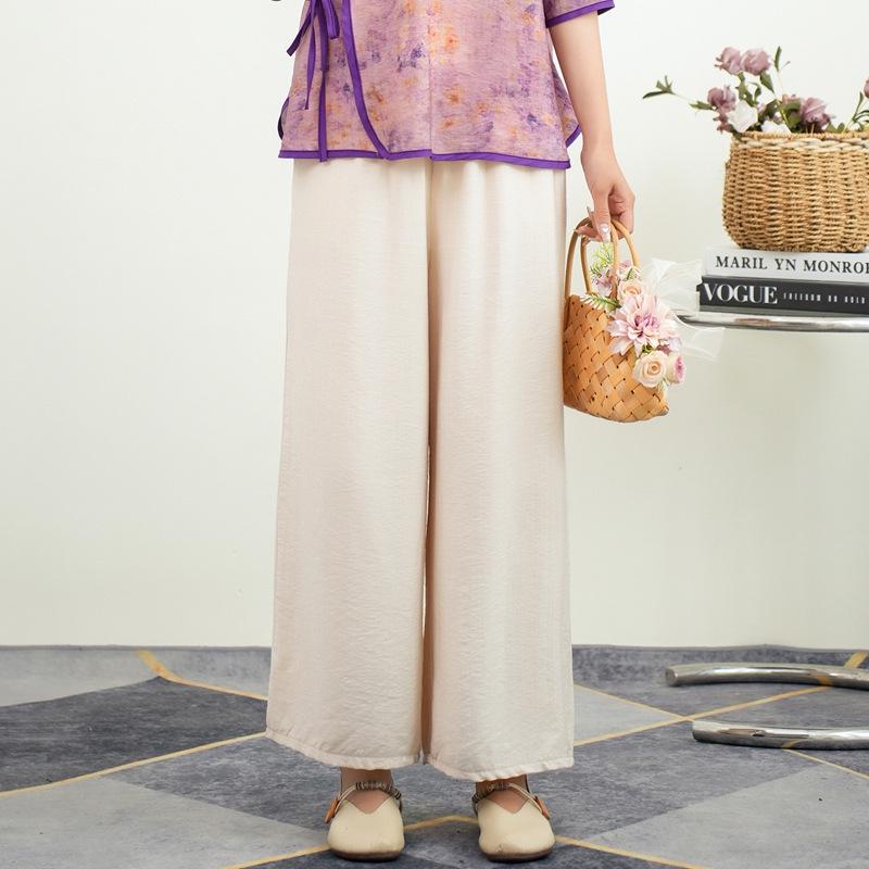 Women's Summer Silk Linen Wide-Leg Pants: Literary Solid Color, Elastic Waist, Loose Fit, Thin Fashion Leggings.